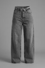 Beli katlama detaylı gri wide leg jean - Görsel 3