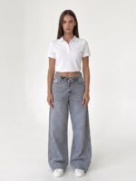 Beli katlama detaylı gri wide leg jean - Görsel 4
