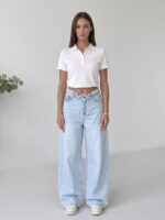 Beli katlama detaylı açık mavi wide leg jean - Görsel 3