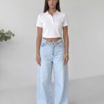 Beli katlama detaylı açık mavi wide leg jean