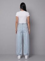 Beli katlama detaylı açık mavi wide leg jean - Görsel 4