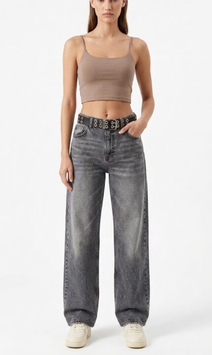 Kemerli Baggy Fit Yüksek Bel Füme Jean