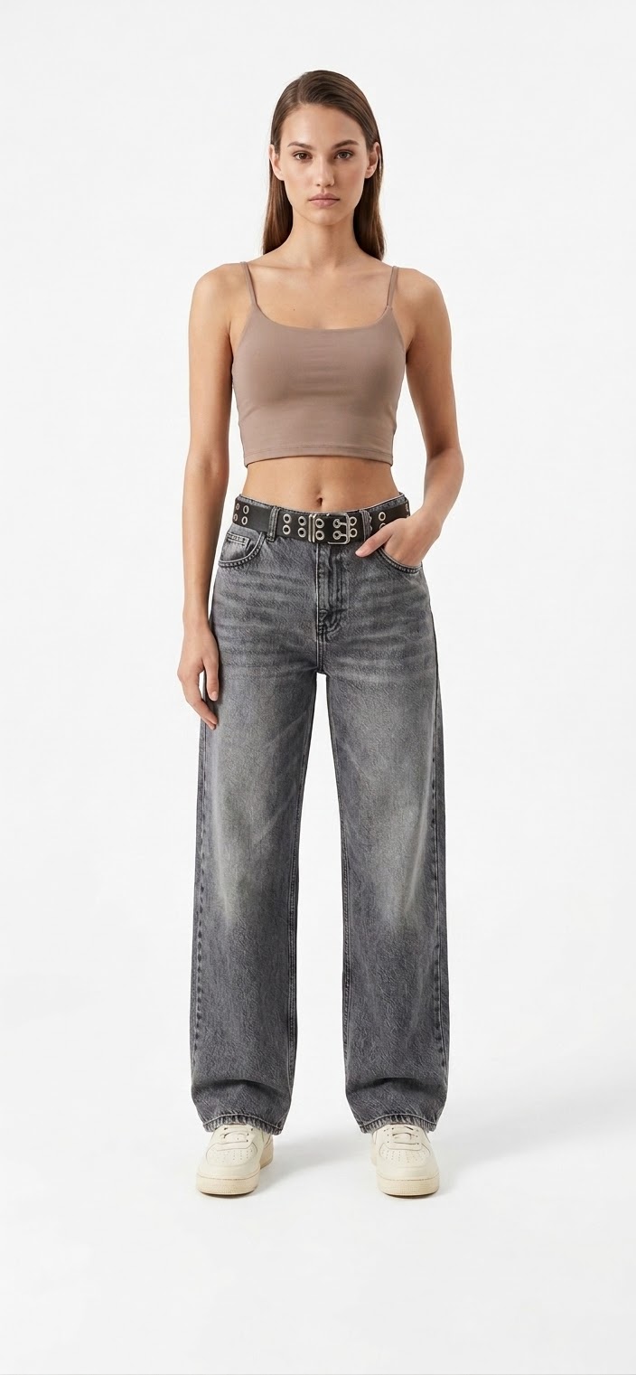 IMG_1203 Kemerli Baggy Fit Yüksek Bel Füme Jean - Görsel 1