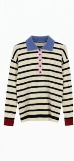 Polo Yaka Çizgili Pamuklu Yumuşak Dokulu Kadın Sweatshirt - Ekru - Görsel 2