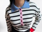 Polo Yaka Çizgili Pamuklu Yumuşak Dokulu Kadın Sweatshirt - Ekru