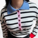 Polo Yaka Çizgili Pamuklu Yumuşak Dokulu Kadın Sweatshirt - Ekru
