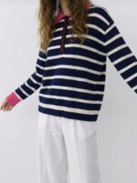 Polo Yaka Çizgili Pamuklu Yumuşak Dokulu Kadın Sweatshirt - Lacivert - Görsel 2
