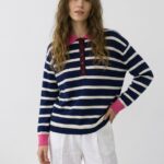 Polo Yaka Çizgili Pamuklu Yumuşak Dokulu Kadın Sweatshirt - Lacivert