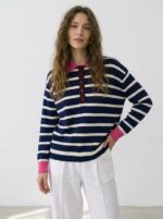Polo Yaka Çizgili Pamuklu Yumuşak Dokulu Kadın Sweatshirt - Lacivert