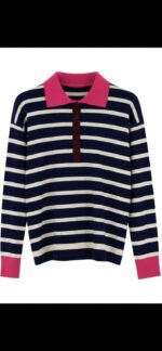Polo Yaka Çizgili Pamuklu Yumuşak Dokulu Kadın Sweatshirt - Lacivert - Görsel 3